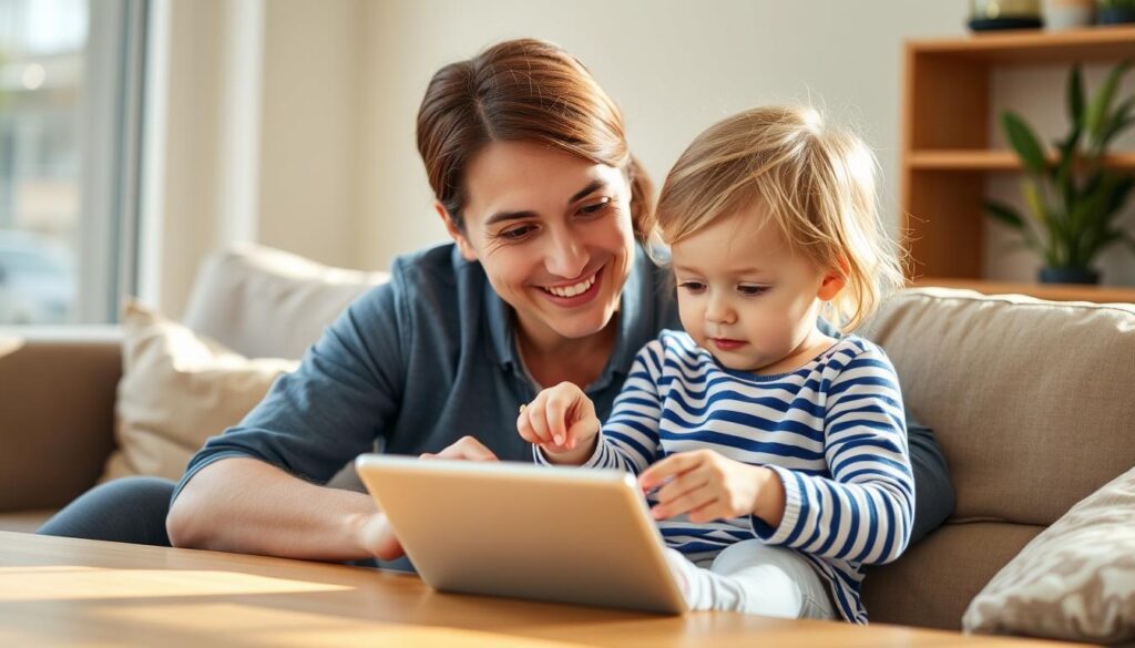 Parent and child using an educational app together on a tablet Parent and child using an educational app together on a tablet
