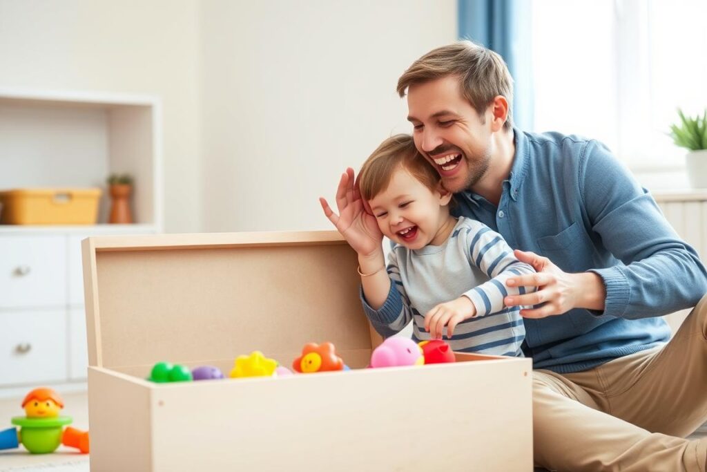 Parent and toddler pretending toys are hungry to encourage cleanup, showing playful approach to handle opposition Parent and toddler pretending toys are hungry to encourage cleanup, showing playful approach to handle opposition