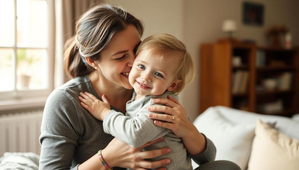 Parent and toddler sharing a warm hug after resolving opposition, showing positive outcome of effective strategies Parent and toddler sharing a warm hug after resolving opposition, showing positive outcome of effective strategies