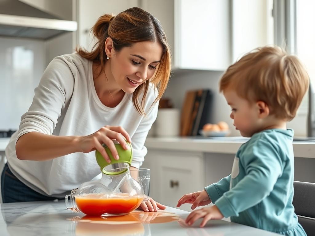 Parent demonstrating calm response to spilled drink while toddler watches, modeling behavior to handle opposition Parent demonstrating calm response to spilled drink while toddler watches, modeling behavior to handle opposition