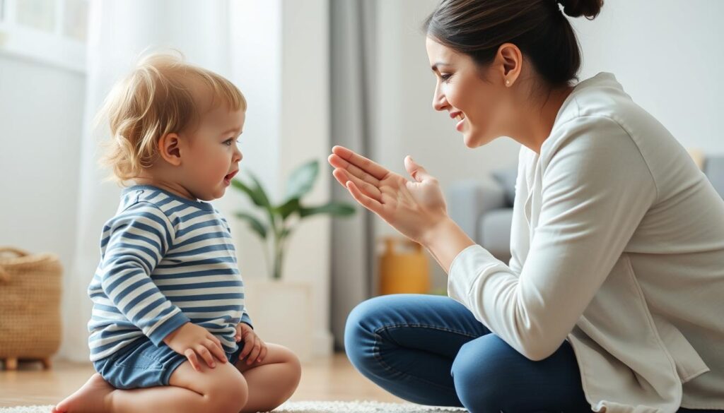 Parent kneeling at child's level, calmly acknowledging toddler's feelings during opposition Parent kneeling at child's level, calmly acknowledging toddler's feelings during opposition