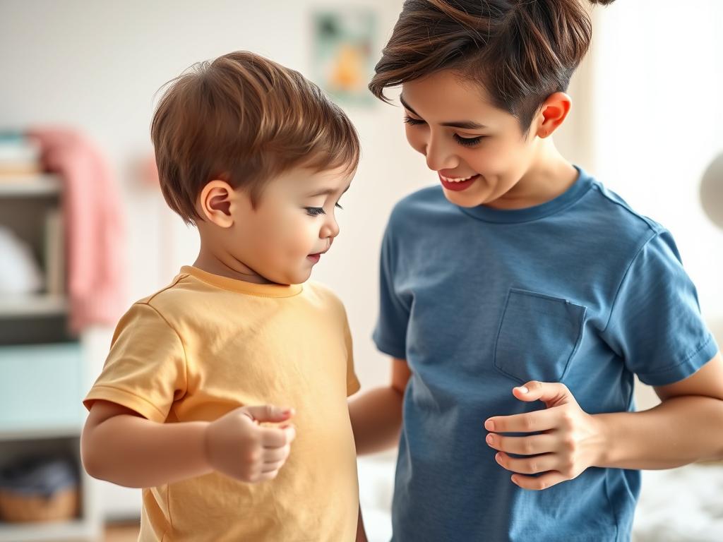 Parent offering toddler choice between two shirts, demonstrating how to handle opposition in toddlers Parent offering toddler choice between two shirts, demonstrating how to handle opposition in toddlers