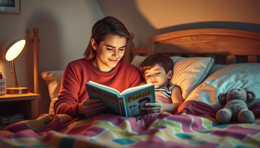 Parent reading a short bedtime story to a child under cozy blankets with soft lighting