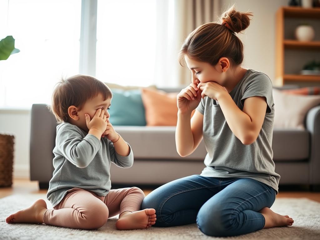Parent taking deep breaths while child has tantrum - gentle solutions for tantrums