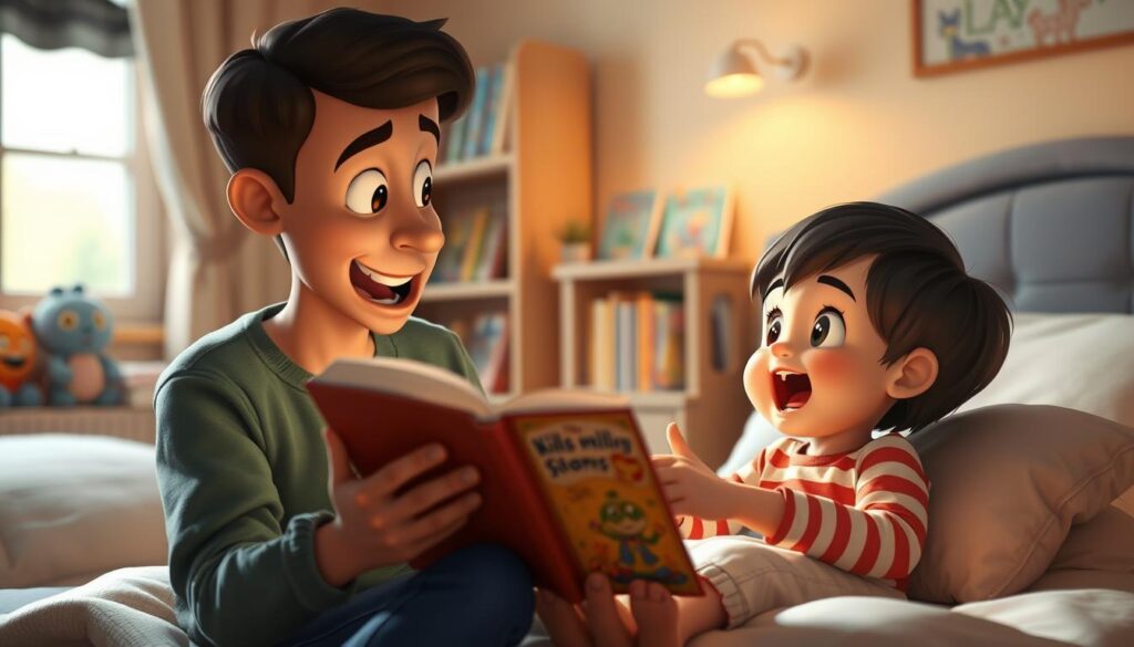 Parent using animated expressions and gestures while reading a bedtime story to an engaged child Parent using animated expressions and gestures while reading a bedtime story to an engaged child