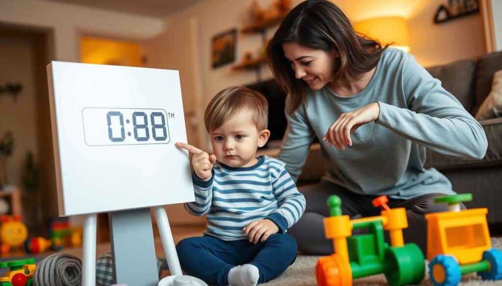 Parent using visual timer to help toddler prepare for transition, effective strategy to handle opposition in toddlers Parent using visual timer to help toddler prepare for transition, effective strategy to handle opposition in toddlers