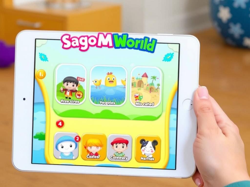 Sago Mini World app showing colorful characters and multiple play environments for young children Sago Mini World app showing colorful characters and multiple play environments for young children