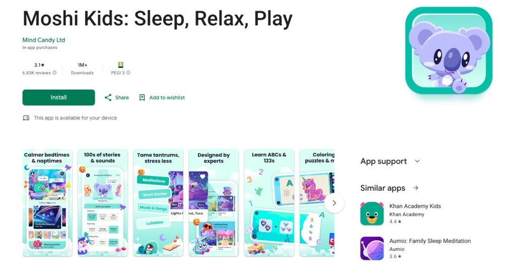 Moshi kids sleep relax and play app review.