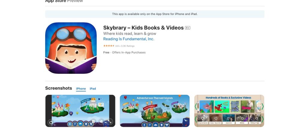 Skybrary review, kids books on aple store.