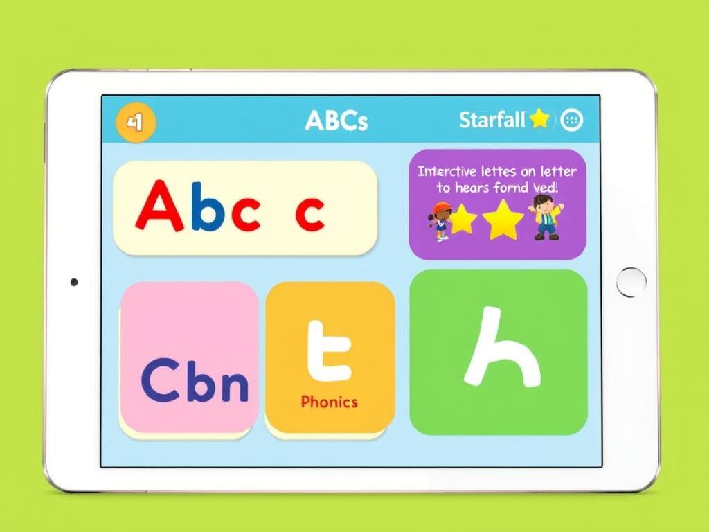 Starfall ABCs app showing alphabet learning activities for early readers Starfall ABCs app showing alphabet learning activities for early readers