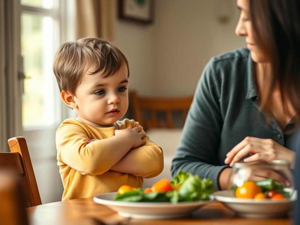 Toddler with arms crossed saying no to parent offering vegetables, showing typical opposition in toddlers