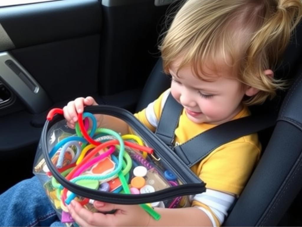 Young child playing with a sensory busy bag filled with tactile activities during a screen-free road trip Young child playing with a sensory busy bag filled with tactile activities during a screen-free road trip