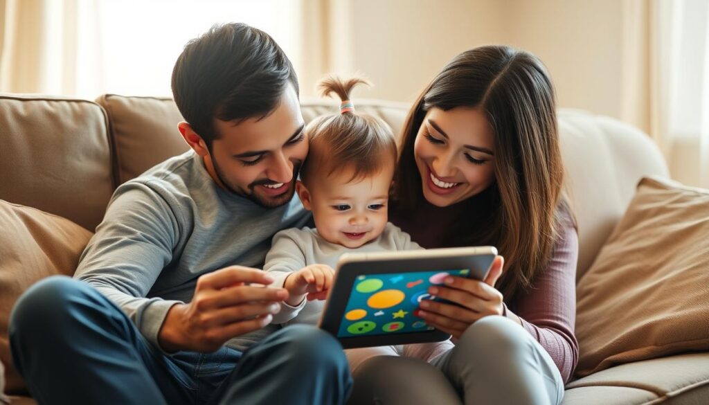 Young child using educational apps on an iPad with parent supervision