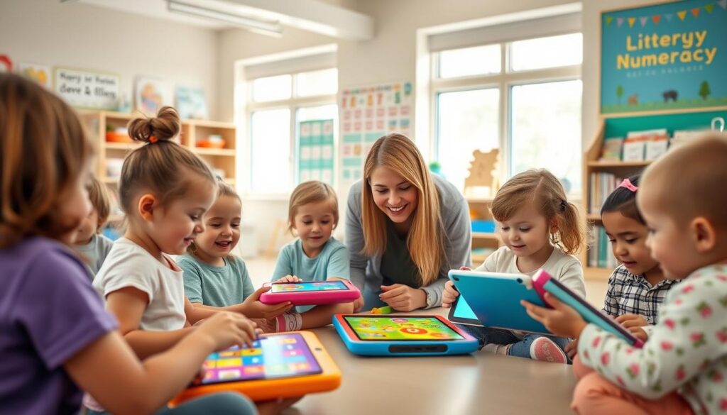 A bright, airy classroom filled with engaged children using colorful educational apps on tablets. In the foreground, a group of young students giggling as they interact with vibrant, age-appropriate games and lessons. In the middle ground, a caring teacher guides them, offering gentle encouragement. The background features well-stocked bookshelves, manipulatives, and posters promoting literacy and numeracy. Soft, natural lighting filters through large windows, creating a calm, nurturing atmosphere conducive to playful learning.