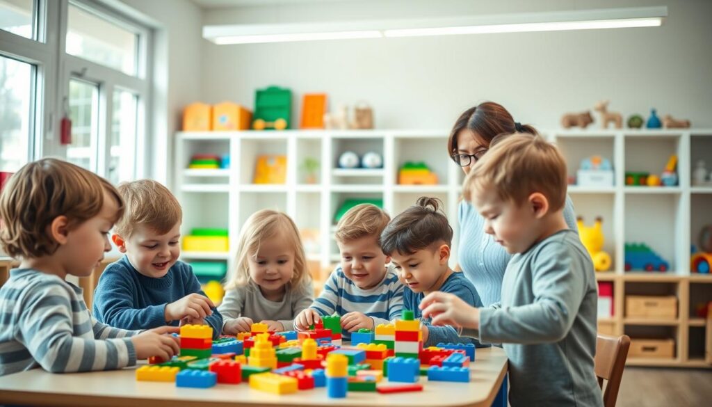 A bright, airy classroom with large windows letting in natural light. In the foreground, a group of young children gathered around a table, intently engaged in building colorful LEGO DUPLO blocks. Their faces are animated, brows furrowed in concentration as they collaborate to construct intricate shapes and structures. The middle ground features shelves filled with educational toys, books, and learning materials, creating a stimulating, enriching environment. In the background, a teacher observes the children, guiding them gently, their expression one of nurturing enthusiasm. The overall scene conveys a sense of wonder, discovery, and the joy of learning through interactive play.