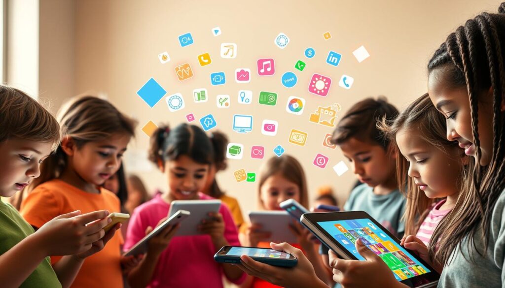 A bright, vibrant scene of interactive learning apps being actively used by a diverse group of students. In the foreground, students of various ages and backgrounds are engaged with colorful, intuitive app interfaces on their tablets and smartphones, their faces illuminated by the glow of the screens. In the middle ground, an array of app icons and graphics float against a backdrop of geometric shapes and abstract patterns, conveying a sense of the apps' interactive and dynamic nature. The background is bathed in a warm, natural light, creating a welcoming and inviting atmosphere that encourages exploration and discovery. The overall composition captures the energy, engagement, and versatility of modern interactive learning apps, showcasing their critical role in empowering today's students.