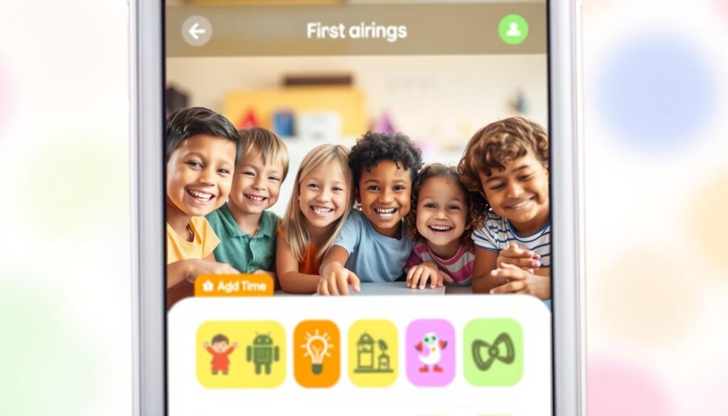 A brightly lit, inviting app interface with a playful, whimsical aesthetic. In the foreground, a group of smiling, diverse children interact with vibrant, age-appropriate icons and interactive elements. The middle ground features a clean, uncluttered layout with clear navigation and content organization. In the background, a softly blurred pattern or gradient in pastel colors creates a warm, welcoming atmosphere. The overall composition conveys a sense of discovery, learning, and engagement tailored for a young audience.