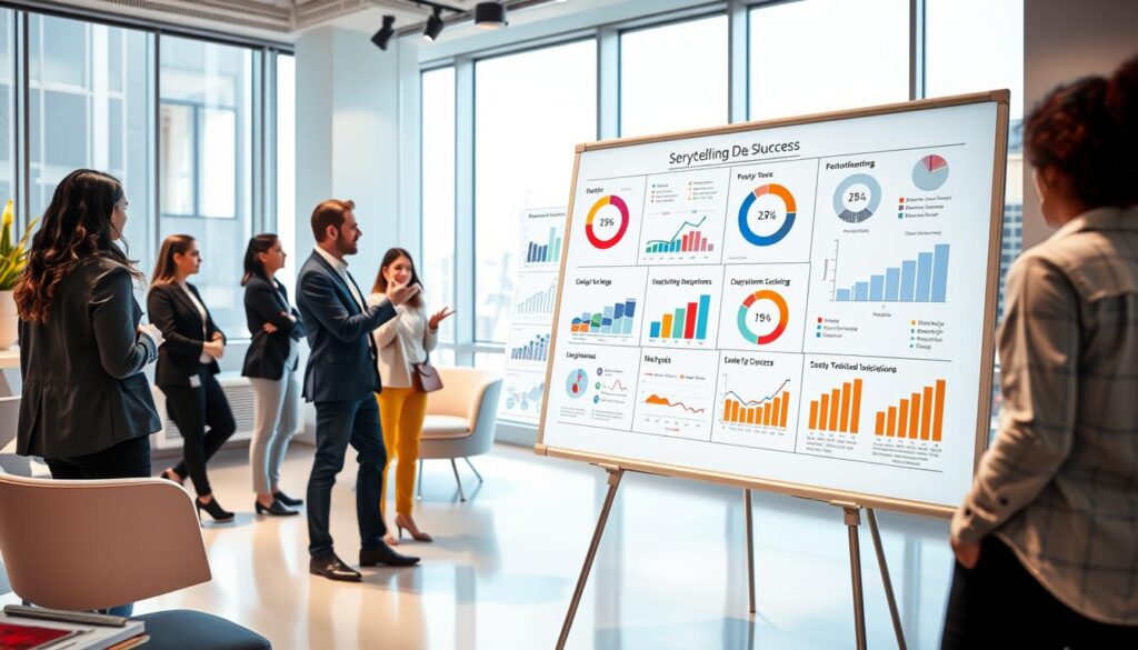 A brightly lit, modern office setting with a large whiteboard in the foreground, showcasing various metrics and charts related to storytelling development. In the middle ground, a group of professionals engaged in a collaborative discussion, gesturing towards the data visualizations. The background features sleek, minimalist furniture and large windows, creating a sense of openness and productivity. The overall scene conveys a well-organized, data-driven approach to measuring and tracking the progress of storytelling initiatives, reflecting the subject of "Measuring Success: Assessment and Progress Tracking".