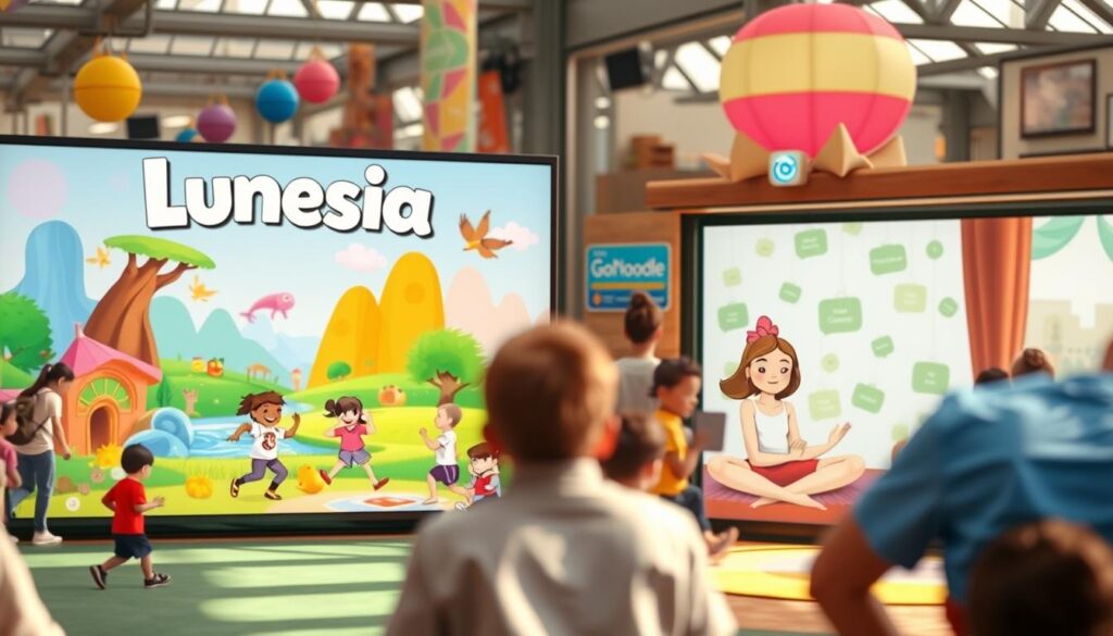 A bustling scene, with the vibrant, interactive world of Lunesia on the left and the serene, story-driven environment of GoNoodle on the right. Lunesia features dynamic, energetic characters engaged in a variety of physical activities, surrounded by colorful, playful landscapes. In contrast, GoNoodle presents a calming, whimsical atmosphere, with characters immersed in interactive narratives and relaxing meditative practices. The image is bathed in warm, natural lighting, captured from a slightly elevated perspective to emphasize the distinct characteristics of each platform. The foreground showcases the core differences, while the background provides a sense of balance and cohesion, inviting the viewer to explore the unique qualities of these two educational experiences.