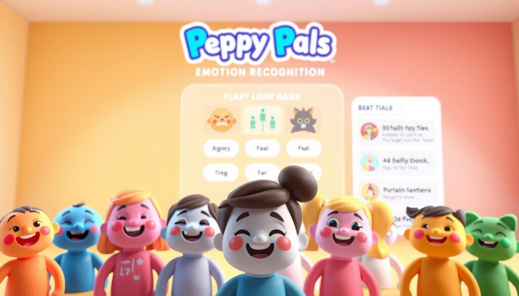 A cheerful and vibrant 3D scene of the "Peppy Pals Emotion Recognition" game interface. In the foreground, a group of colorful, friendly character avatars in various poses, each expressing a different emotion - happiness, sadness, anger, fear. The characters are rendered with a smooth, cartoon-like aesthetic and subtly detailed features. In the middle ground, a clean, interactive UI with simple icons and buttons. The background depicts a warm, inviting setting with soft, pastel-toned gradients, hinting at the educational and uplifting nature of the game. Bright, balanced lighting creates a joyful, playful atmosphere. The overall composition is well-balanced, drawing the viewer's attention to the engaging, emotion-focused core of the Peppy Pals experience.