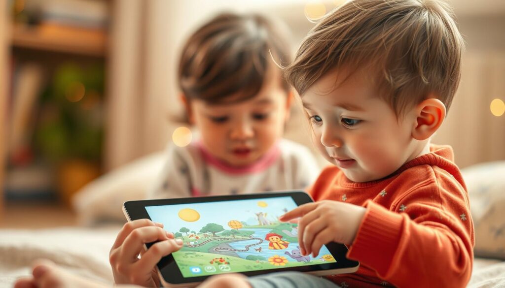 A child-friendly story app interface with a warm, inviting atmosphere. In the foreground, an illustrated character guides a young user through an interactive storybook on a touchscreen device, their expressions filled with wonder and curiosity. The middle ground showcases whimsical, colorful illustrations of fantastical creatures and enchanting landscapes, drawing the viewer into the narrative. The background features a soft, blurred bokeh effect, creating a sense of depth and focus on the engaging digital experience. Soft, natural lighting bathes the scene, evoking a cozy, comfortable ambiance that fosters independent exploration and learning.