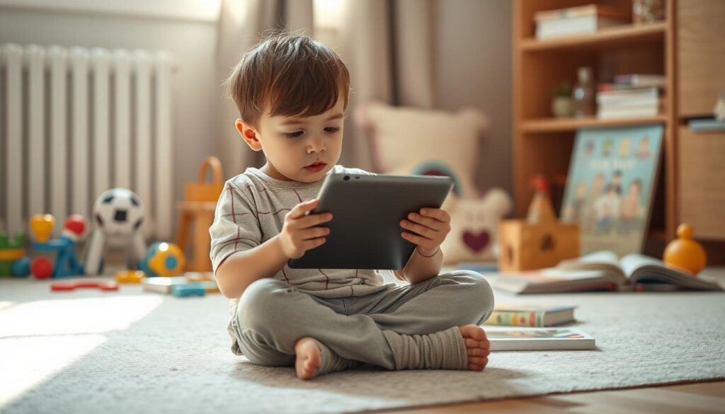 A child sitting cross-legged on the floor, engrossed in a tablet device, with a pensive expression. In the background, developmental toys and books are scattered, signifying the juxtaposition of traditional child development and modern screen-based engagement. Soft, natural lighting filters through a window, casting a warm glow and highlighting the child's features. The scene conveys a sense of contemplation, as if the viewer is invited to consider the impact of excessive screen time on the child's cognitive, social, and emotional growth.