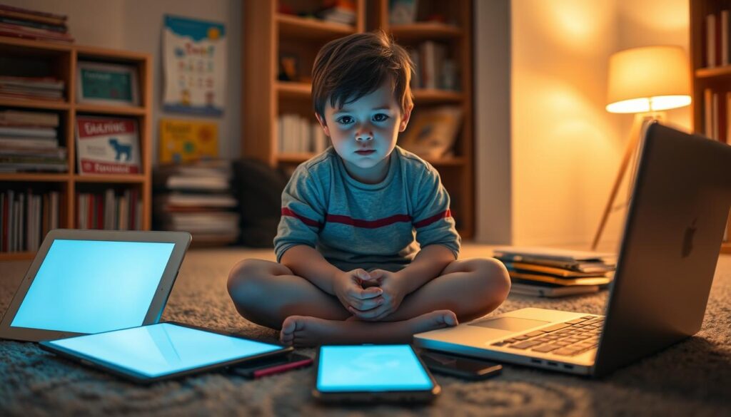 A child sitting cross-legged on the floor, surrounded by various electronic devices like a tablet, smartphone, and laptop. The devices emit a soft, blue-tinted glow, casting a contemplative atmosphere. In the background, a dimly lit room with bookshelves and educational posters, suggesting a balanced learning environment. The child's expression is one of focus, with a slight furrow of the brow, indicating the consideration of screen time usage. Warm, ambient lighting from a nearby lamp illuminates the scene, creating a sense of introspection and thoughtfulness.