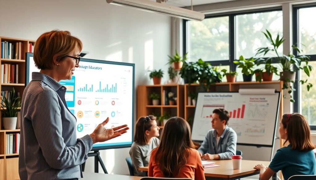 A classroom setting with a large interactive whiteboard displaying Lunesia's data tracking features for educators. In the foreground, a teacher gesturing towards the whiteboard, their face lit by the warm glow of the display. In the middle ground, students engaged in small group discussions, their faces animated as they collaborate. The background features bookshelves, potted plants, and natural light streaming through large windows, creating a calm, inspiring atmosphere. The overall scene conveys Lunesia's commitment to supporting learning through imagination, with the data tracking tools seamlessly integrated into the educational environment.