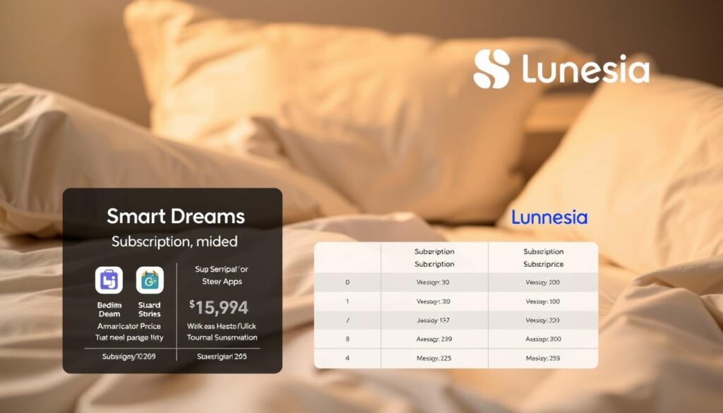 A clean and professional-looking comparison of the pricing and subscription models for the "SmartDreams Bedtime Stories" and "Lunesia" sleep apps, presented in a clear and organized manner. The foreground features product icons, pricing details, and subscription plan comparisons, while the middle ground showcases the two app logos against a soft, muted backdrop of soothing bedding textures and tones. The lighting is warm and inviting, creating a calming and restful atmosphere that reflects the subject matter. The composition is balanced and visually appealing, guiding the viewer's eye through the key information.