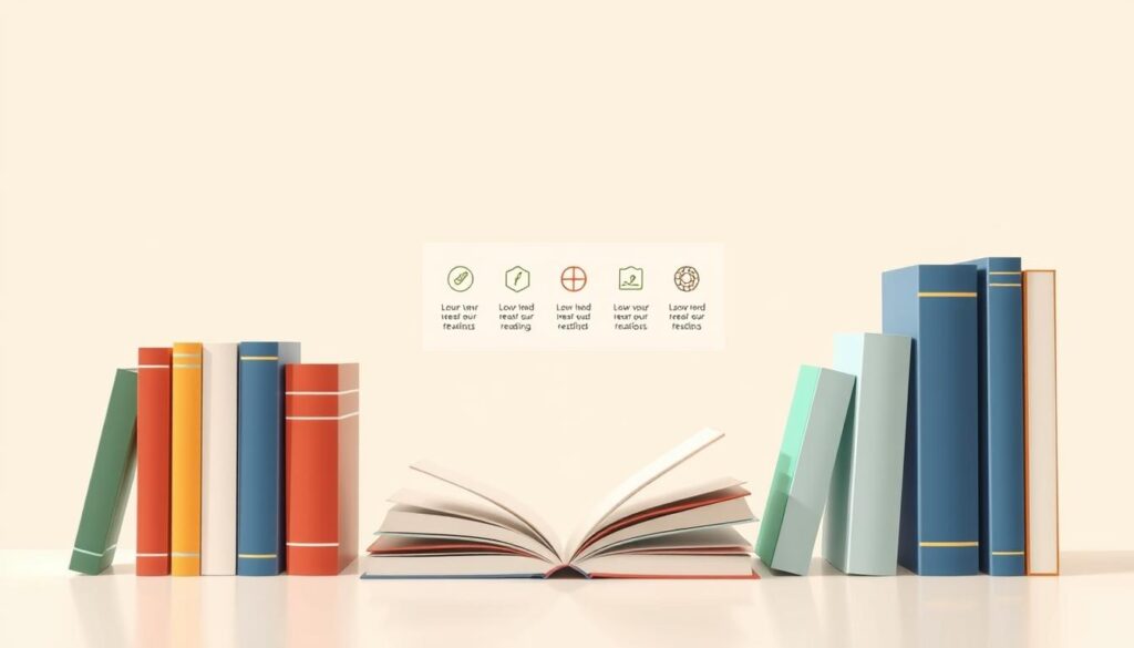 A clean, minimalist illustration of a reading level system. In the foreground, several books of varying sizes and colors, each representing a different reading level. The books are arranged in a linear progression, subtly implying a structured learning path. In the middle ground, a simple, elegant chart or graphic device that visually delineates the reading levels, using intuitive icons or symbols. The background is a neutral, calming tone, allowing the reading level system to take center stage. The lighting is soft and diffused, creating a sense of educational tranquility. The overall composition is balanced, highlighting the systematized nature of the reading levels in a visually appealing manner.