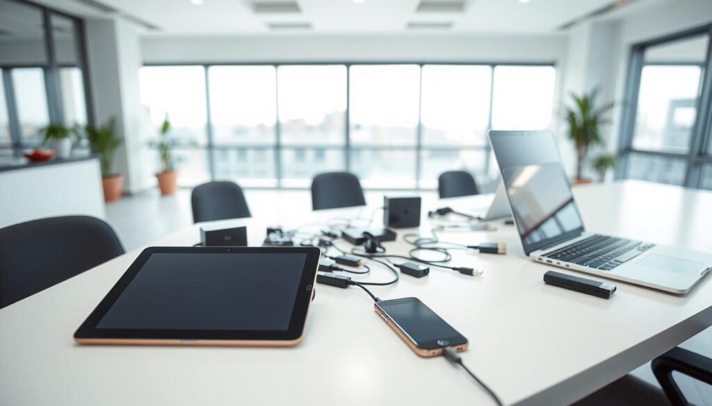 A clean, modern office workspace with a variety of devices laid out on a sleek, minimalist desk. In the foreground, a tablet, smartphone, and laptop are neatly arranged, showcasing their compatibility and ease of use. The middle ground features an array of charging cables, adapters, and peripheral devices, all seamlessly integrated. The background is a bright, airy room with large windows, allowing natural light to flood the scene and create a sense of openness and accessibility. The overall tone is one of simplicity, functionality, and a harmonious user experience.