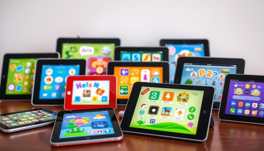 A colorful and engaging scene depicting a variety of educational apps for young children. In the foreground, a tablet device displays an app with vibrant, playful graphics and interactive elements designed to capture a child's attention. In the middle ground, other tablets and mobile devices showcase a diverse range of app icons, logos, and screenshots, each representing different educational themes and learning objectives. The background features a soft, blurred gradient, creating a sense of depth and focus on the central devices. The overall mood is one of creativity, exploration, and the intersection of technology and early childhood education.