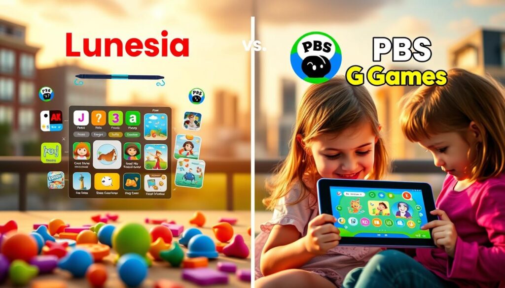A colorful, vibrant scene showcasing a side-by-side comparison of popular kids' educational apps, Lunesia and PBS Kids Games. In the foreground, two young children, a boy and a girl, are engaged in interactive gameplay on their tablets, surrounded by a vibrant array of app icons and interactive elements. The middle ground features detailed visuals of the app interfaces, highlighting their key features and functionality. In the background, a softly blurred cityscape provides a sense of place, with a warm, golden lighting casting a welcoming glow over the entire composition. The overall mood is one of learning, discovery, and the joy of interactive educational experiences.