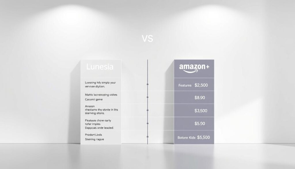 A comparison chart set against a sleek, minimalist background. The chart features two columns, one for Lunesia and one for Amazon Kids+, with icons and numerical data highlighting key features and pricing. Soft lighting from above creates subtle shadows, emphasizing the clean, infographic-style design. The chart is rendered in a balanced, neutral color palette to maintain a professional, informative tone. The overall composition conveys a sense of objective, side-by-side evaluation to help the viewer assess the value proposition of each service.