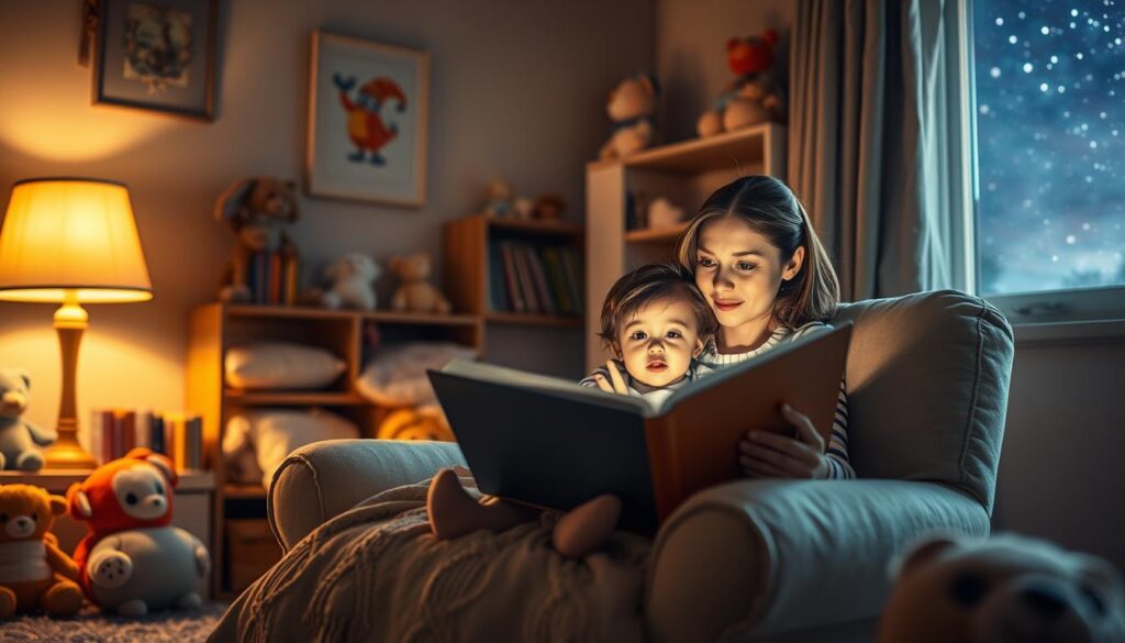 A cozy bedroom at night, soft lamplight casting a warm glow on a mother and child snuggled together on a plush armchair, lost in the enchanting world of a bedtime story. The child's eyes wide with wonder as the mother's animated voice brings the tale to life, her gentle gestures guiding the imagination. The room is adorned with whimsical details - plush toys, a bookshelf overflowing with adventure, and a large window offering a view of a starry night sky. The atmosphere is intimate and serene, a tranquil moment of bonding and wonder, as the boundaries between reality and the imagined realm seamlessly blur.