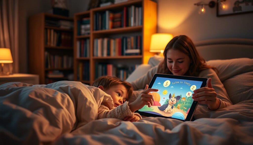A cozy bedroom bathed in warm, soft lighting. In the foreground, a young child snuggled under plush bedding, eyes fixed on a magical tablet displaying interactive story elements that dance and respond to their touch. Beside them, a parent sits close, guiding the narrative and engaging the child through playful gestures. The background reveals a bookshelf filled with beloved tales, hinting at the wealth of stories yet to be explored in this intimate, immersive setting. A sense of wonder and connection permeates the scene, inviting the viewer to imagine the enriching possibilities of interactive bedtime stories.
