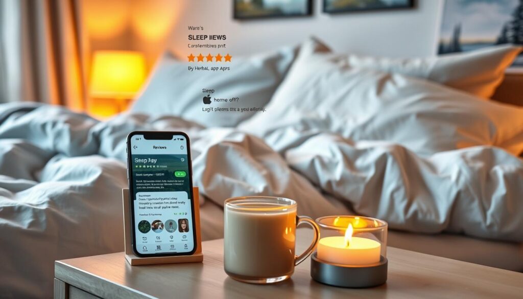 A cozy bedroom filled with soft bedding and fluffy pillows, warm ambient lighting casting a gentle glow. Atop a nightstand, a smartphone displays glowing reviews for sleep apps, with stars and user comments floating above. In the foreground, a mug of herbal tea and a relaxing scented candle set the soothing atmosphere. The walls are adorned with serene nature scenes, creating a tranquil, sleep-inducing environment. A sense of comfort and relaxation pervades the scene, inviting the viewer to imagine themselves drifting off to a restful slumber.