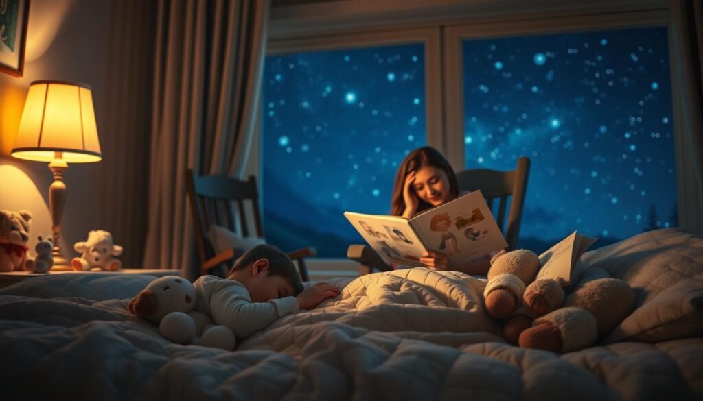 A cozy bedroom scene, dimly lit by a warm bedside lamp. In the foreground, a child snuggled under a soft, quilted blanket, surrounded by plush toys. Beside them, an open storybook with elegant illustrations. In the middle ground, a rocking chair where a parent sits, reading aloud with a gentle, soothing expression. The background features a starry night sky visible through a large window, creating a serene, calming atmosphere. The lighting is soft and inviting, evoking a sense of comfort and security. Subtle textures and muted colors blend harmoniously to convey a peaceful, dreamlike quality.