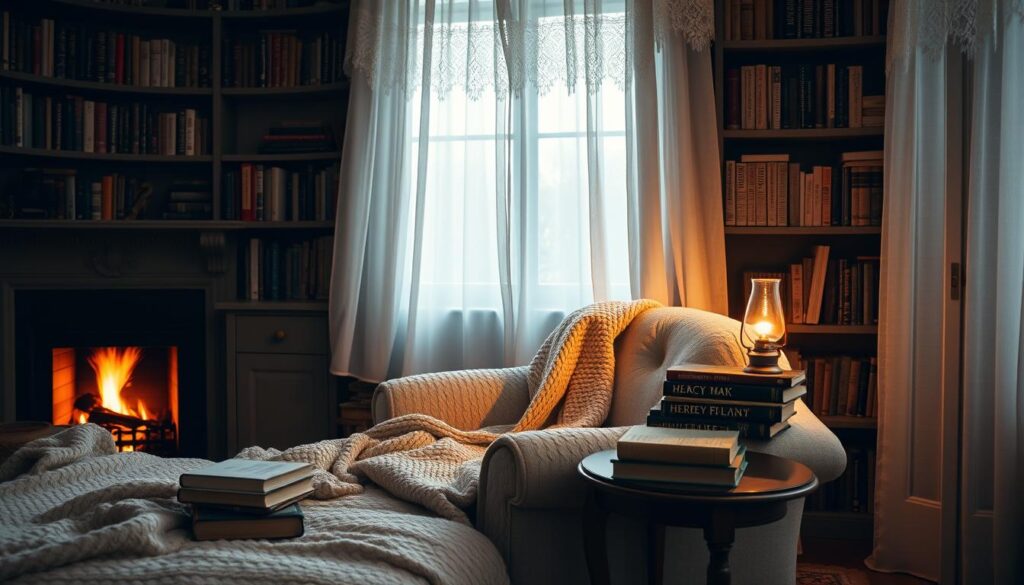 A cozy bedroom with a plush, oversized armchair positioned near a crackling fireplace. The chair is draped with a soft, knitted blanket, inviting the viewer to sink in and get lost in a book. On a small side table, a stack of hardcover books and a lit oil lamp cast a warm, amber glow. The walls are adorned with bookshelves, filled with volumes of classic and contemporary literary works. Soft, diffused lighting filters in through lace-trimmed curtains, creating a serene, intimate atmosphere. The scene conveys a sense of comfort, introspection, and the joys of immersing oneself in the timeless tradition of bedtime stories.