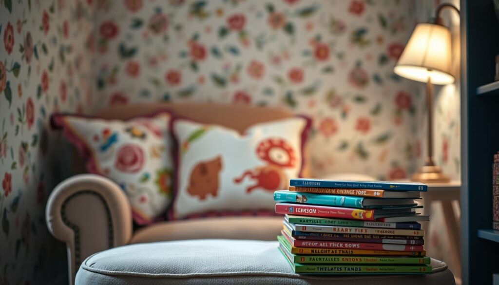 A cozy, brightly-lit children's reading nook, with a plush armchair and inviting throw pillows. In the foreground, a stack of colorful, storybook-style books with whimsical illustrations. The background features a cozy, pastel-toned floral wallpaper, creating a warm, nurturing atmosphere. Soft, indirect lighting emanates from a corner lamp, casting a gentle glow over the scene. The overall composition evokes a sense of comfort, wonder, and the joy of storytelling for young, imaginative minds.
