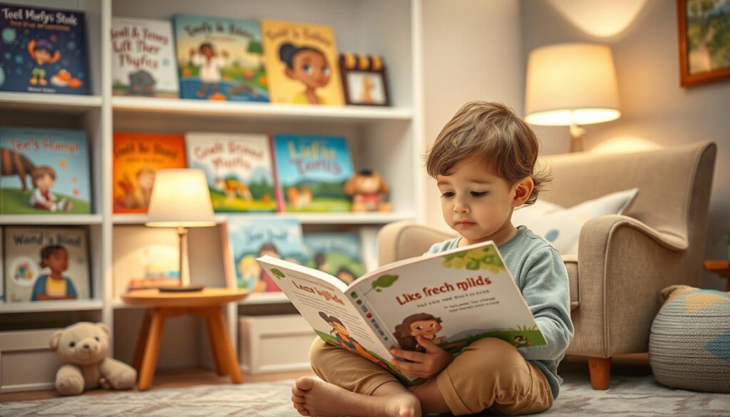 A cozy children's reading nook with personalized storybooks on shelves, soft lighting, and a comfy armchair. The books have vibrant covers featuring diverse characters and scenes tailored to each child's unique interests and experiences. In the foreground, a child sits cross-legged, intently reading one of the personalized books, their face alight with wonder and curiosity. Subtle details like a plush toy, a reading lamp, and a calming nature scene in the background create a warm, nurturing atmosphere conducive to educational engagement and developmental growth.