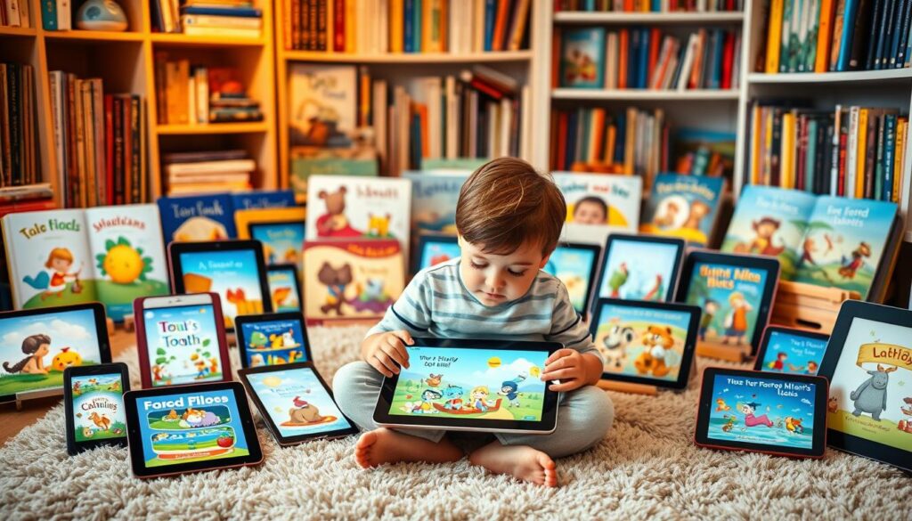 A cozy children's room filled with vibrant story apps on various digital devices. In the foreground, a young child sits cross-legged on a plush rug, their eyes filled with wonder as they interact with an engaging storybook app on a sleek tablet. Surrounding them, a collection of smart phones, tablets, and e-readers showcase captivating illustrations and animated characters from beloved children's tales. In the background, a bookshelf overflows with physical books, hinting at a well-rounded reading experience. Warm, soft lighting bathes the scene, creating a nurturing and educational atmosphere. The overall composition conveys the integration of traditional and digital storytelling, inspiring a sense of exploration and learning in young minds.
