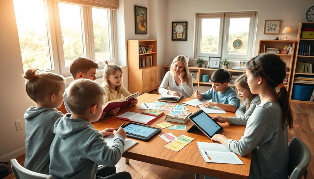 A cozy classroom setting, soft afternoon sunlight streaming through large windows. At the center, a group of young students engaged in a collaborative vocabulary learning exercise. Colorful flashcards, textbooks, and digital tablets are scattered across their desks, as they work together to define new words and share insights. The teacher, a warm and nurturing presence, circulates among them, offering guidance and encouragement. The atmosphere is one of focused intensity tempered by a sense of discovery and playfulness. Intricate details of the classroom, from the wooden floors to the cheerful wall decor, lend a sense of tactile authenticity. This scene captures the ideal integration of traditional and digital learning approaches, optimizing vocabulary development in early learners.
