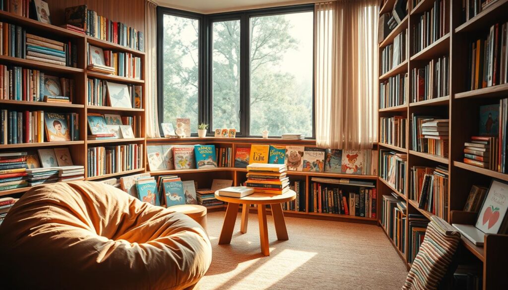 A cozy corner filled with a captivating collection of children's books. An array of colorful hardcovers and paperbacks, ranging from classic tales to modern adventures, neatly arranged on wooden shelves. Soft, diffused lighting casts a warm glow, creating an inviting atmosphere. In the foreground, a plush beanbag chair invites young readers to curl up and dive into their literary escapades. Vibrant illustrations on the book covers hint at the imaginative worlds waiting to be explored. The middle ground features a small, sturdy table, topped with a stack of well-loved picture books, ready to be shared. Behind, a large window lets in natural light, framing the scene with a serene, outdoor view. This tranquil space radiates the joy and wonder of learning through the power of storytelling.