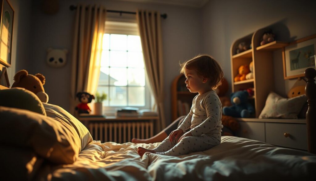 A cozy, dimly lit bedroom scene with a young toddler in soft pajamas sitting on the edge of a plush, bedtime-ready bed. Gentle, golden light streams in through a nearby window, casting a warm glow across the serene setting. Stuffed animals and children's books line the shelves, creating a comforting, familiar atmosphere. The toddler's parent or caregiver sits nearby, engaging the child in a calming bedtime routine, such as reading a storybook or singing a lullaby. The overall mood is one of tranquility and the gentle winding down before restful sleep.