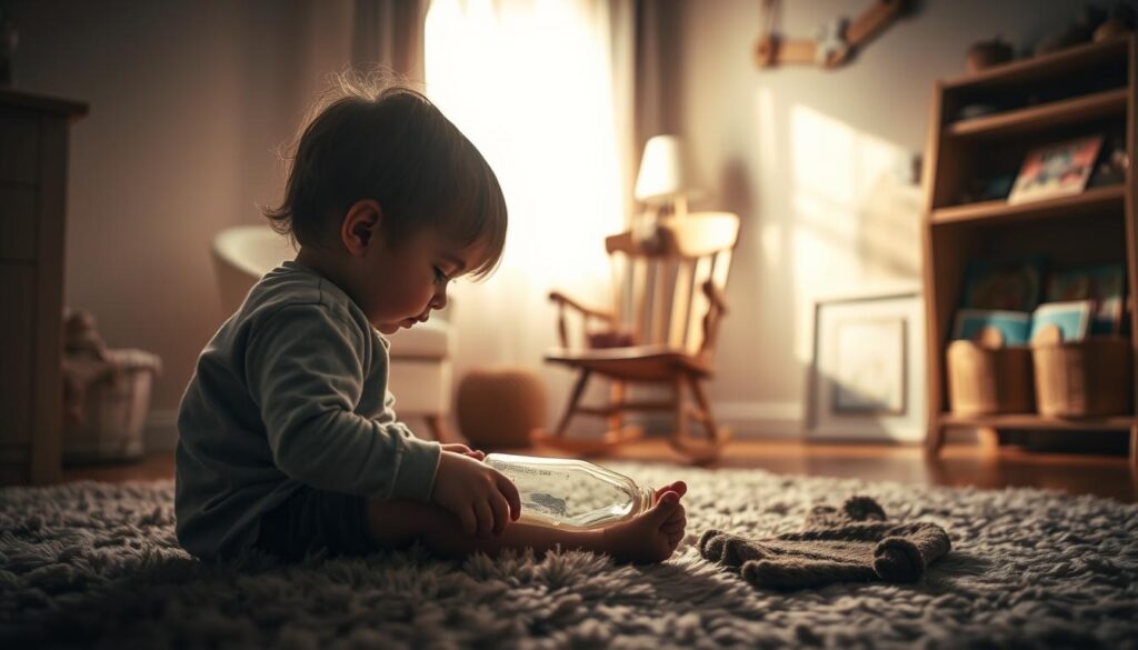 A cozy, dimly lit nursery scene. In the foreground, a young child sits on a plush rug, gazing thoughtfully at an empty bottle as they prepare to let go of their bedtime routine. Soft, warm lighting casts gentle shadows, creating a serene, introspective atmosphere. In the middle ground, a comfortable rocking chair stands nearby, suggesting the rituals of soothing and comforting that will soon evolve. The background features a bookshelf filled with storybooks, hinting at the alternative bedtime stories and activities that will replace the bottle. Muted, earthy tones pervade the scene, conveying a sense of transition and growth.