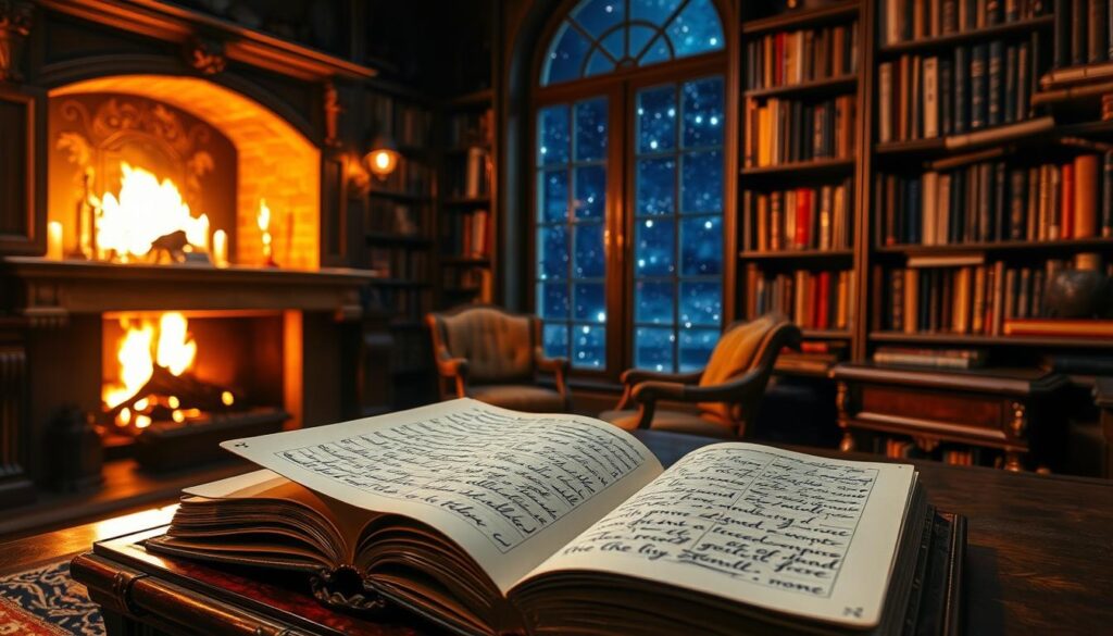 A cozy, dimly lit study with a warm glow from a crackling fireplace. In the foreground, an open leather-bound book rests on an ornate wooden desk, its pages filled with flowing cursive script and hand-drawn illustrations. Bookshelves line the walls, their shelves overflowing with tomes of various shapes and sizes, hinting at the wealth of stories within. Through a window in the background, a starry night sky is visible, suggesting the infinite possibilities of human imagination. The scene conveys a sense of timelessness, where the act of storytelling transcends the boundaries of technology, connecting people across generations and cultures.