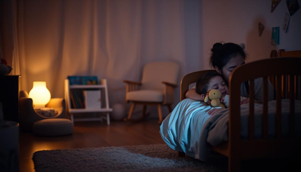 A cozy, dimly lit toddler's bedroom, with a soft, plush rug and a wooden crib or toddler bed in the foreground. A gently glowing nightlight casts a warm, comforting glow, as a parent tenderly tucks in a sleepy toddler, snuggling them with a beloved stuffed animal. In the middle ground, a small bookshelf holds a selection of bedtime storybooks, and a rocking chair invites a peaceful moment of connection. The background is hazy, with muted colors and hints of other familiar bedroom furnishings, creating a sense of tranquility and relaxation. The overall mood is one of care, comfort, and the gentle transition from playtime to restful sleep.
