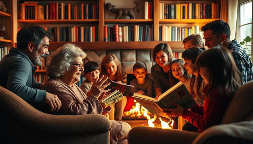 A cozy family gathered around a glowing fireplace, sharing stories and memories. In the warm foreground, a grandmother sits in an armchair, her eyes alight with enthusiasm as she gestures animatedly. Surrounding her, a circle of children and parents listen intently, their faces alive with wonder and delight. Soft, golden lighting filters through the scene, casting a gentle glow that evokes a sense of timeless intimacy. In the background, bookshelves brimming with colorful volumes suggest a nurturing, imagination-filled environment. The overall mood is one of enchantment, as the family weaves a tapestry of tales that transport them to realms of the extraordinary.