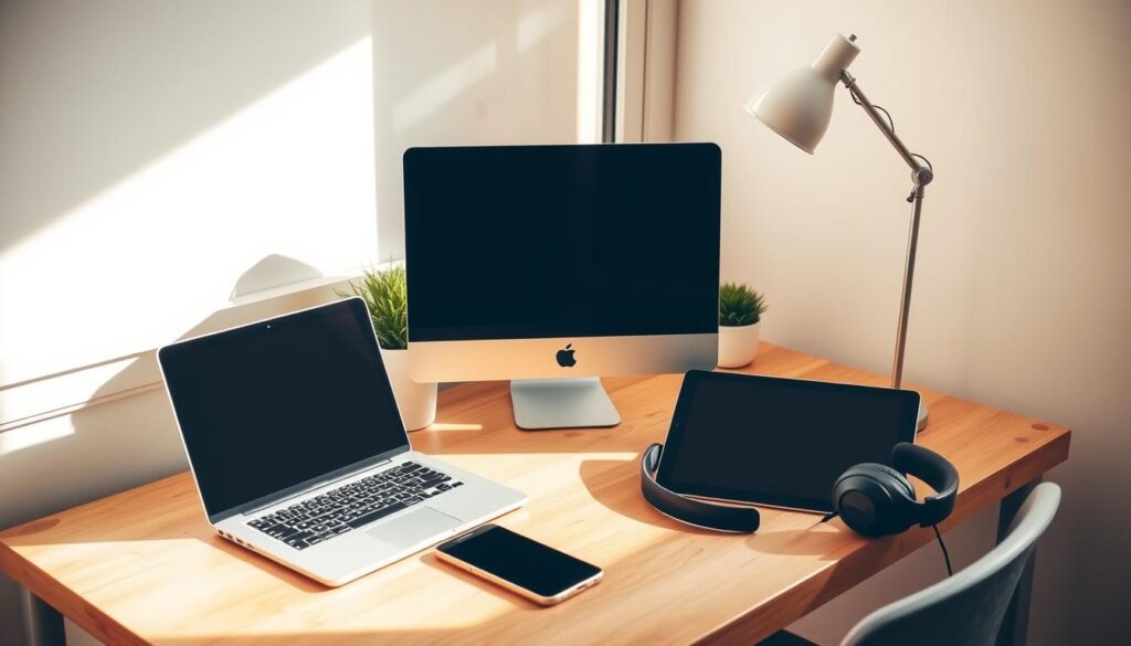 A cozy home office with a laptop, tablet, and smartphone neatly arranged on a minimalist wooden desk. The space is bathed in warm, natural lighting from a nearby window, casting a soft glow on the devices. A small potted plant and a pair of noise-cancelling headphones add a touch of greenery and functionality to the setting. The walls are painted in a soothing, neutral color palette, creating a calm and focused atmosphere for effective screen time management.